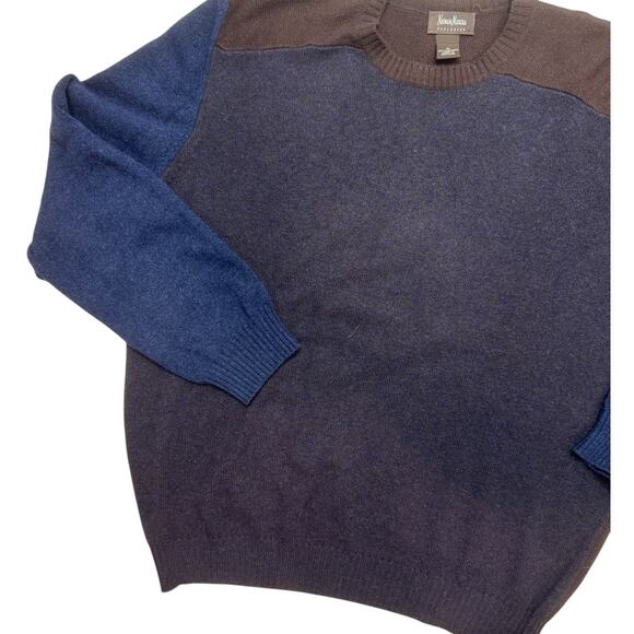 Neiman Marcus Cashmere Sweater Navy and Brown Long Sleeve Luxury Soft XL - Picture 2 of 7